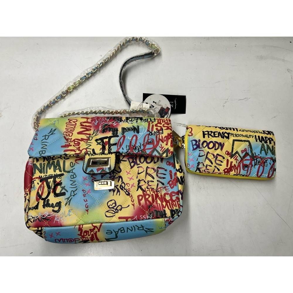 Queen Bee Graffiti Words Fashion Boxy Satchel Bag Purse Wallet Set Colorful NWT
